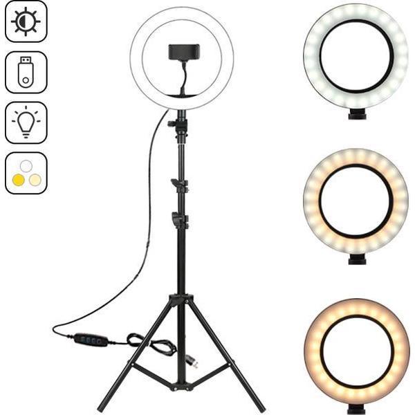 Ilona Ringlamp 90-160 cm verstelbaar met telefoonhouder| 26 cm ringlamp | Draaibaar en Kantelbaar | LED Ringlight met Statief | Tiktok instagram snapchat ringlamp | Studio Ring lamp