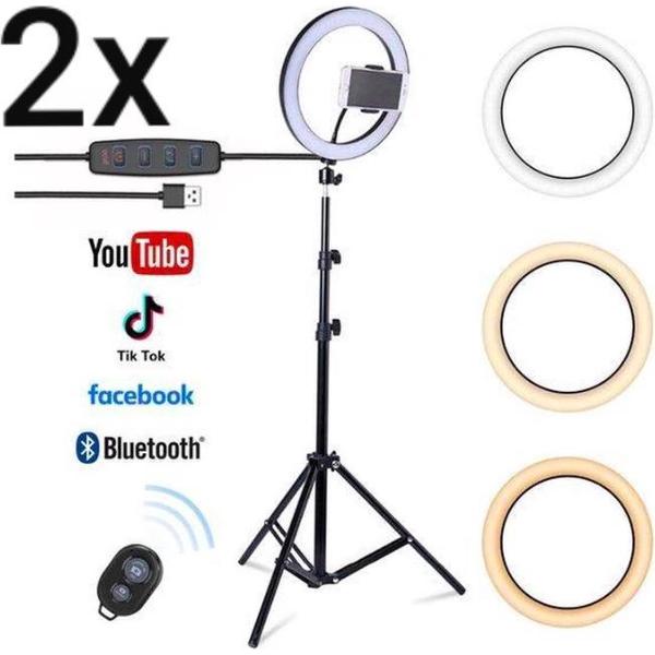 LED Ringlamp met statief, telefoonhouder en bluetooth afstandsbediening - 26 cm/10 inch ringlamp - 200cm (verstelbaar) - USB - TikTok - YouTube - Vlog - Ringlight - flitser - Ring lamp - Ringlamp telefoon - Make-up light - Studiolamp - Duel Pack