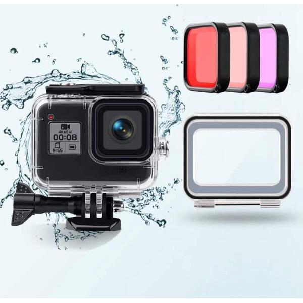 45m waterdichte behuizing + touch achterkant + paars rood roze lensfilter voor GoPro HERO8 Black