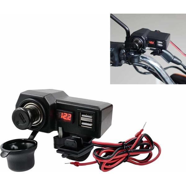 CS-1072B1 motorfiets dubbele USB-oplader + voltmeter met sigarettenaansteker en sigarettenpeuken (zwart)