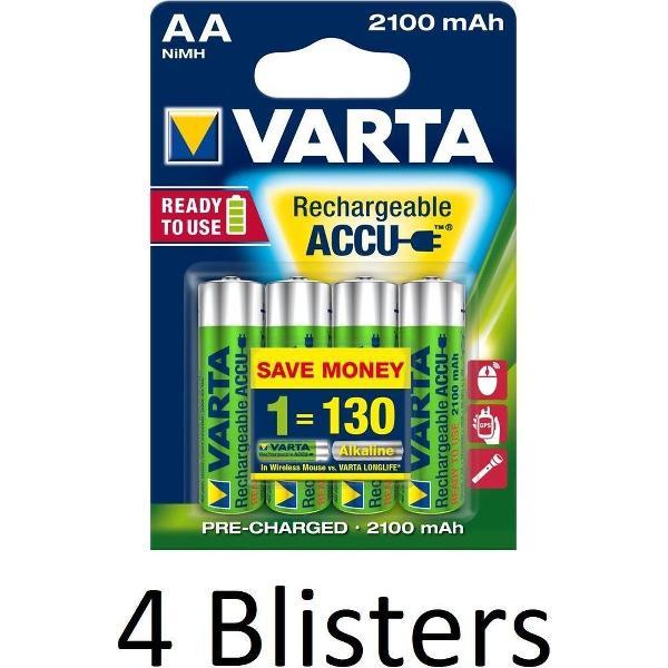 16 Stuks (4 Blisters a 4 st) Varta Oplaadbare Batterijen AA 2100 mAh