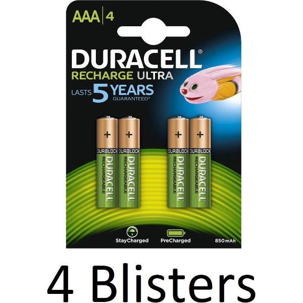 16 Stuks (4 Blisters a 4 st) Duracell AAA Oplaadbare Batterijen - 800 mAh