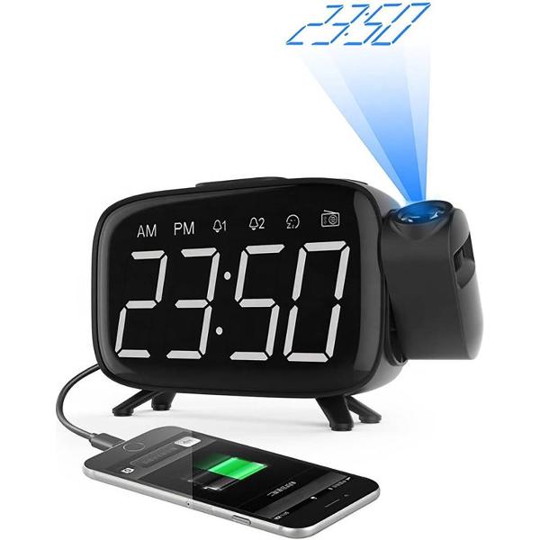 FettleLife PROX20 Digitale Wekkerradio met Projectie Klok - Wekker Kinderen - Kinderwekker Projectiewekker met Oplader - Wekkers Digitaal (Zwart)