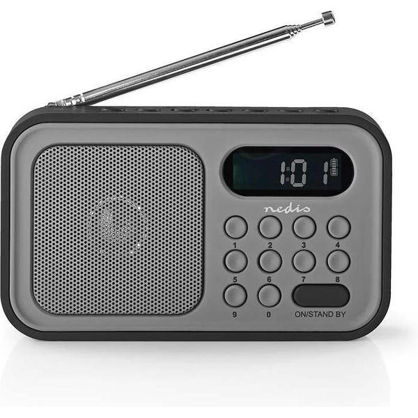 Nedis portable FM radio en klok en wekker 2,1W - 400mAh accu / grijs/zwart