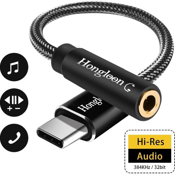 iKaku - Hongloon USB-C naar 3.5mm Hoofdtelefoon/AUX Jack Adapter - Nylon - Zwart
