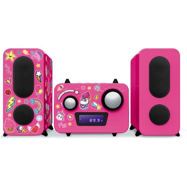 Bigben MCD11RSUNICORNSTICK Radio en CD-Speler Microset met 350 Eenhoorn/Unicorn Stickers - Roze