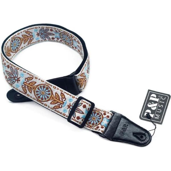 Gitaarband - Gitaarriem - gekleurd - geborduurd wit - geel