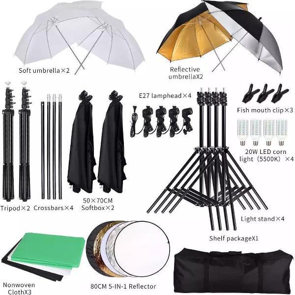 Fotografie Foto Studio Softbox Verlichting Kit Met 2.6X3M Achtergrond Frame 3Pcs Achtergronden Statief Reflector Board 4 Paraplu