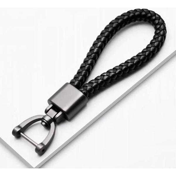 Luxe leren sleutelhanger - Voor auto - zwart geweven | autosleutel - leer - mannen - vrouwen