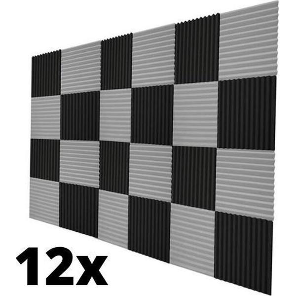 Geluidsisolatie - 12 STUKS - Grijs en Zwart - Akoestisch studioschuim - Noppenschuim - 30 x 30 x 2 cm dik - Studio - Isolatieplaten - 6 x Grijs - 6 x Zwart