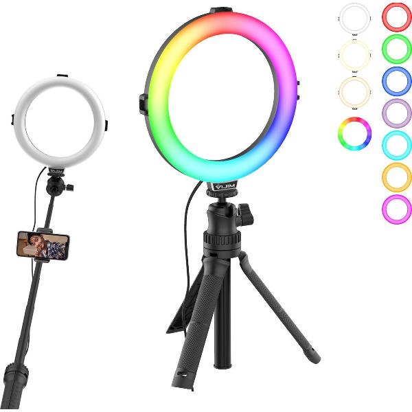 VIJIM K9 RGB Ringlamp met selfie stick-statief en telefoonhouder - 10 kleuren