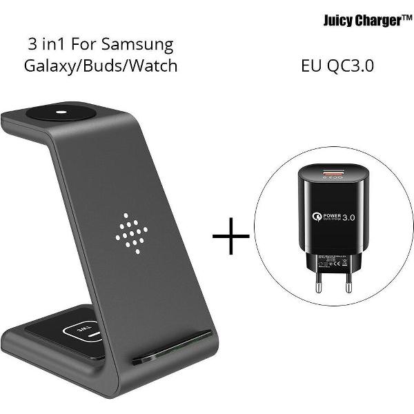 Juicy Charger™ 3-in-1 Draadloze Android Oplader Zwart - Wireless Charger voor Android telefoons, Samsung Watch en Galaxy Buds - Qi Lader
