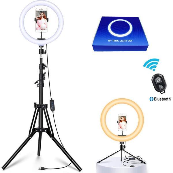 LED Ring lamp met statief - incl Telefoonhouder - Ringlamp met statief smartphone - Dim- en Verstelbaar - 2 statieven - GSM - Fotografie - Ringlight - Ring light - TikTok lamp