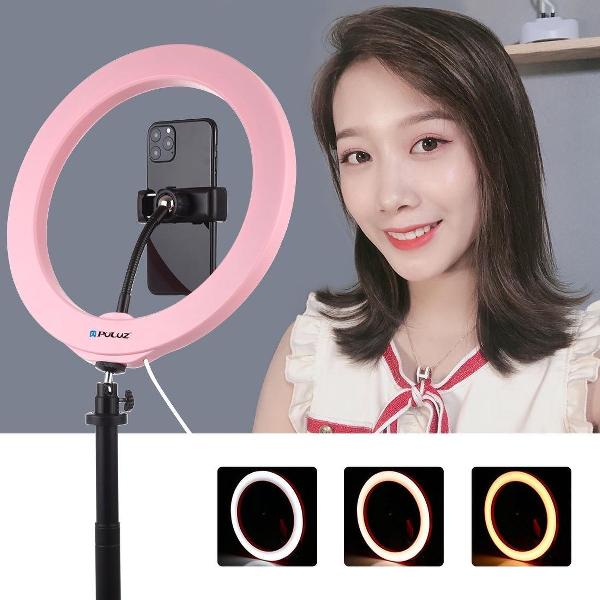 PULUZ 10,2 inch 26 cm USB 3-standen Dimbare LED-ring Vlogging Selfie Fotografie Videolichten met koude schoen Statief Balhoofd & telefoonklem (roze)