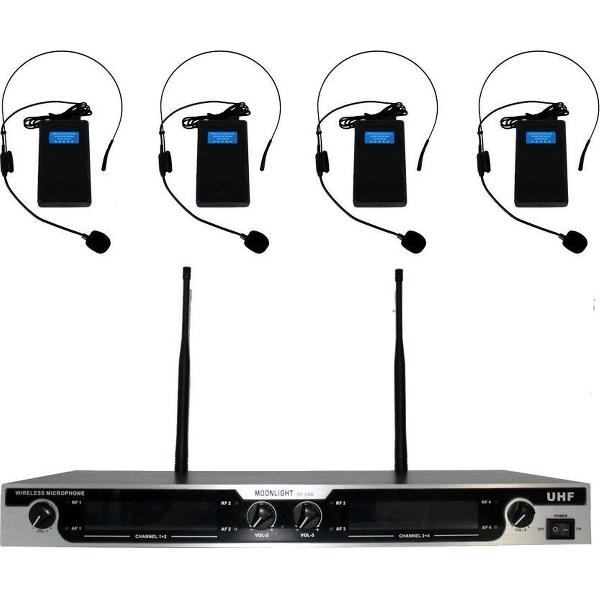 Draadloze 4 kanaals VHF microfoon set 4x headset microfoons (Moonlight)