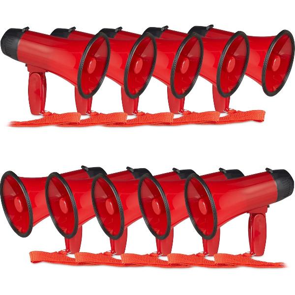 relaxdays 10 x megafoon grappig - megaphone kunststof - rood - stemversterker - 10 watt