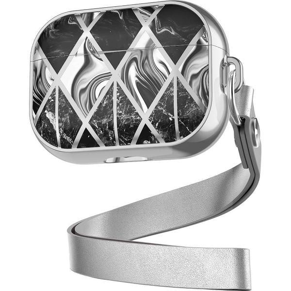 DrPhone PL2 - Airpods Pro Marmer Patroon Case - Beschermende Case – Silicone & TPU Cover - Zwart – Zilver