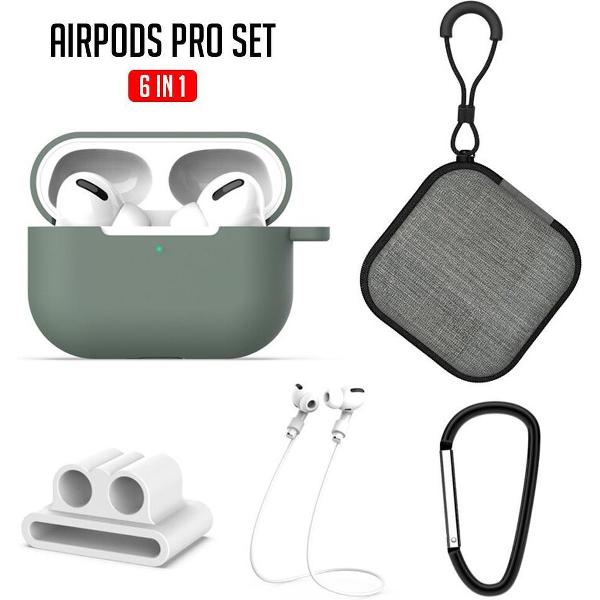 Airpods Pro Silicone Case - 6-in-1 bescherming set voor de Airpods Pro - Airpods Pro Soft Case - Airpods Pro Travel case - Horloge houder - Anti lost Straps - Karabijn haak - 25 Cleaning Sticks (tijdelijk) - Donker Groen
