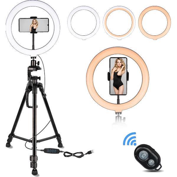 Ringlamp - Ringflitser - TikTok Lamp - LED Ring Lamp met Statief - Flitsers - Dimbaar - 3 Lichtkleuren - Inclusief Bluetooth Afstandsbediening