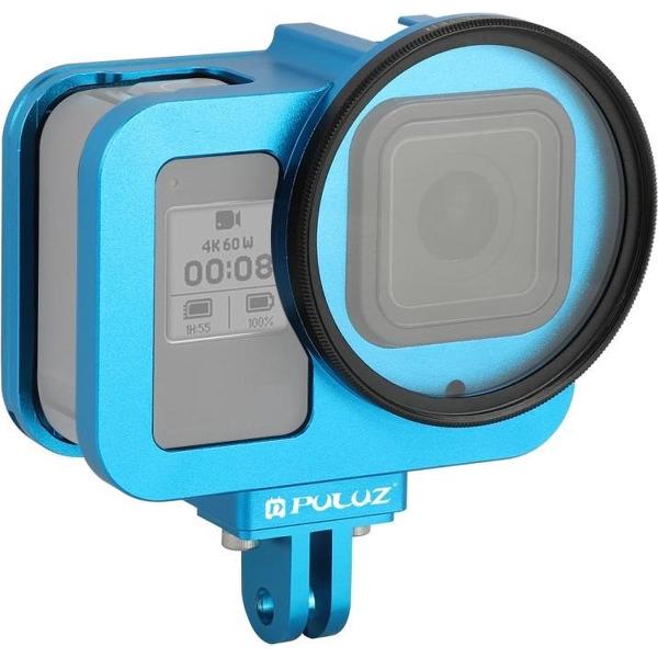 PULUZ voor GoPro HERO8 Zwarte Behuizing Shell CNC Aluminium Beschermende Kooi met Verzekering Frame & 52mm UV Lens (Blauw)