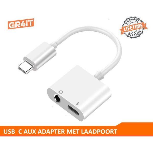 GR4IT USB C AUX 3.5mm Jack Adapter met USB C laadpoort - 2 in 1 - Wit