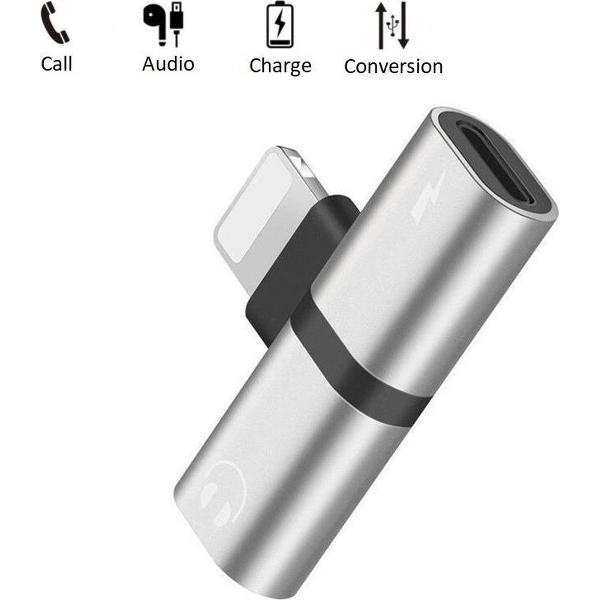 DrPhone Audio Splitter Adapter - 2 Lightning Poorten - Stereo Sound - IOS 14+ Opladen + Audio - 2 in 1 - Voor iPhone en iPad - Zilver