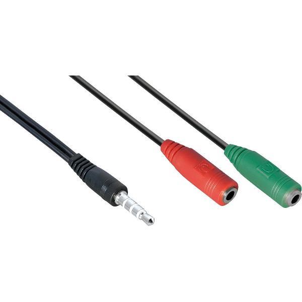 Transmedia 3,5mm 4-polig > 2x 3,5mm headset adapter (CTIA/AHJ) - zwart - 0,15 meter