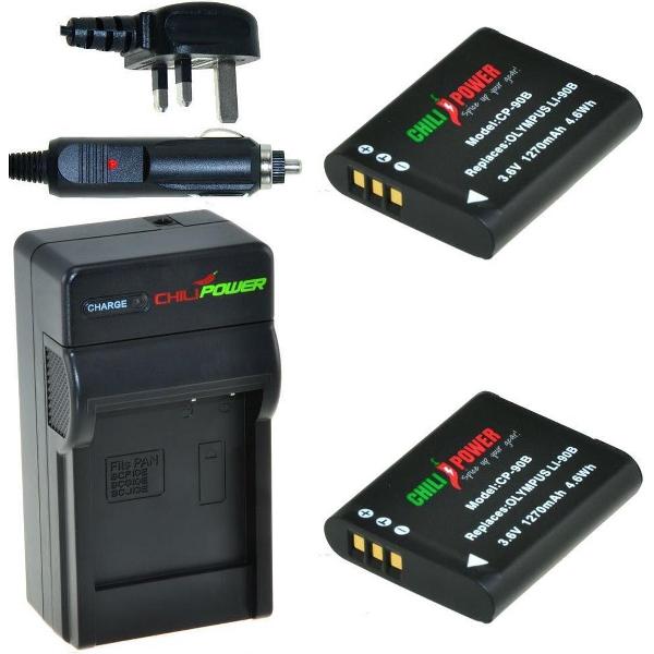 ChiliPower 2 x Li-90B accu's voor Olympus - Charger Kit + car-charger - UK versie