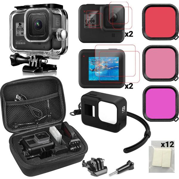 Waterdichte Behuizing voor GoPro Hero 8 Case - Duik Filter 3-pack - Siliconen Case Accessoires Set- Bescherming Screen Protector - Case Behuizing Filters Opbergtasje Screenprotectors