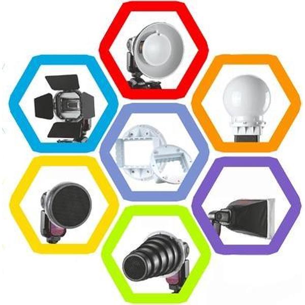 Falcon Eyes SG-100 Speedlite-accessoireset, universele adapterbevestiging / Barndoor / Snoot / Honingraat / Standaardreflector / Honingraat voor Soft-reflector / Diffuser Ball / Color Gel / Softbox