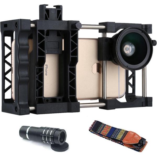 Let op type!! PAPHOTO universele verstelbare mobiele telefoon kooi + 0 45 X Wide Angle Lens + macrolens + riem + tele telescoop voor iPhone Samsung Huawei Xiaomi HTC en andere Smartphones