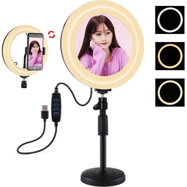 PULUZ 7.9 inch 20cm Spiegellicht + Ronde basis Desktopmontage 3 standen Dimbaar Dubbele kleurtemperatuur LED Gebogen lichtring Vlogging Selfie Fotografie Videolichten met telefoonklem (zwart)