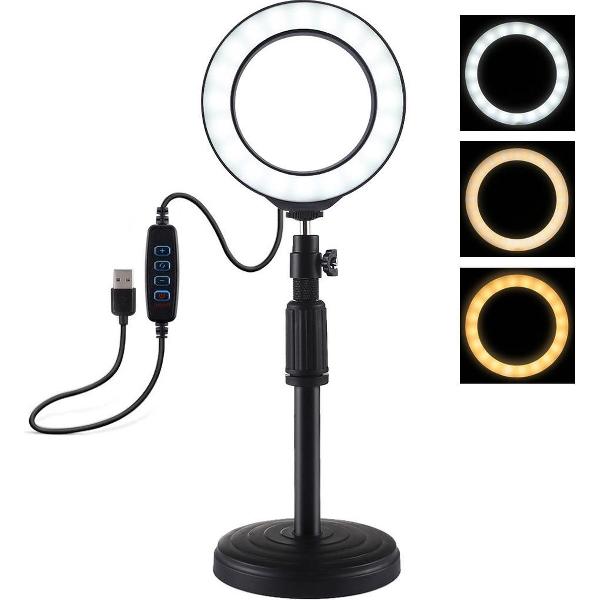 PULUZ Desktop-houder met ronde voet + 4,7 inch 12 cm 3 standen USB dimbare LED-ring Vlogging videolicht, hoogte verstelbaar: 18 cm-28 cm
