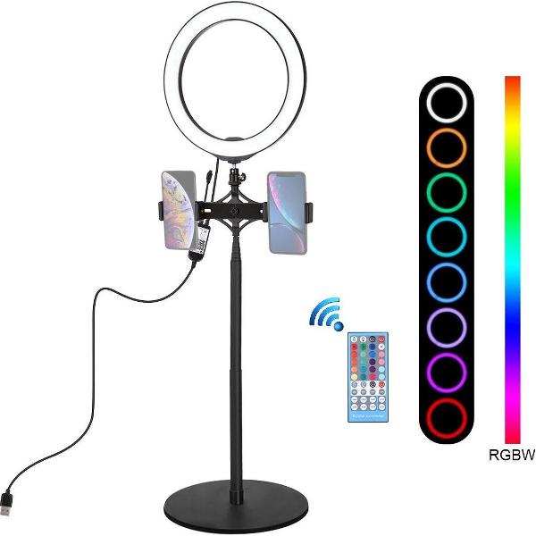 PULUZ 140 cm ronde voet Desktopmontage + Live Broadcast Dual Phone Bracket + 10,2 inch 26 cm RGBW LED-ring Vlogging Videolichtkits met afstandsbediening en Cold Shoe-statief Balhoofd