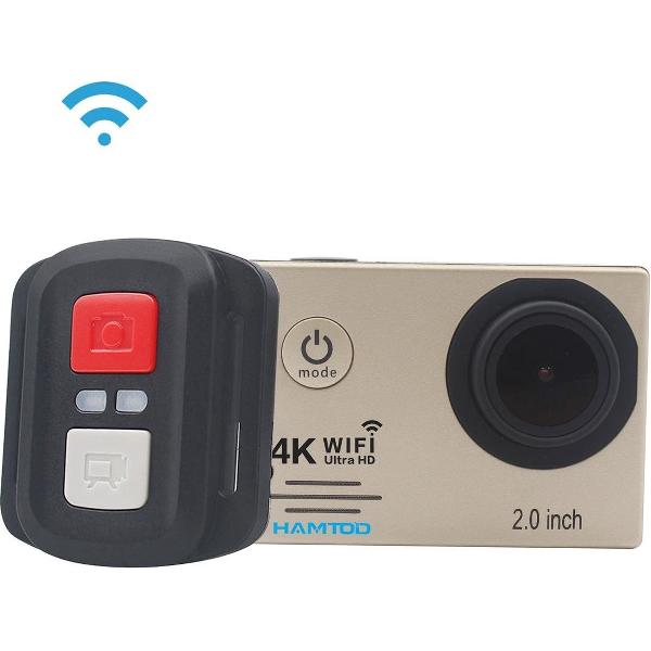 HAMTOD HF60 Pro UHD 4K WiFi 16.0MP Sportcamera met onderwaterbehuizing en afstandsbediening, Generalplus 4247, 2,0 inch LCD-scherm, 120 graden groothoeklens, met luxe accessoires (goud)