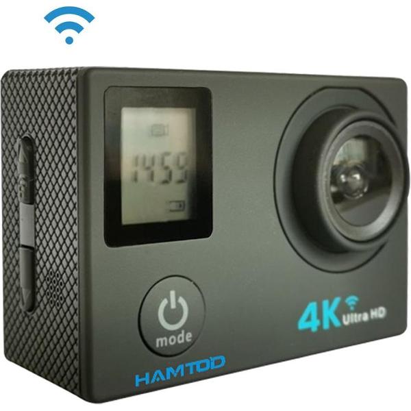 HAMTOD H12 UHD 4K WiFi-sportcamera met waterdichte behuizing, Generalplus 4247, 0,66 inch + 2,0 inch LCD-scherm, 170 graden groothoeklens (zwart)