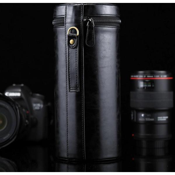 Extra grote lenshouder PU lederen etui met ritssluiting voor DSLR-cameralens, maat: 24,5 * 10,5 * 10,5 cm (zwart)