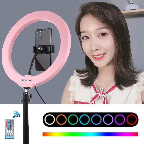 PULUZ 10,2 inch 26 cm USB RGBW dimbare LED-ring Vloggen fotografie videolichten met koude schoen Statief Balhoofd & afstandsbediening & telefoonklem (roze)