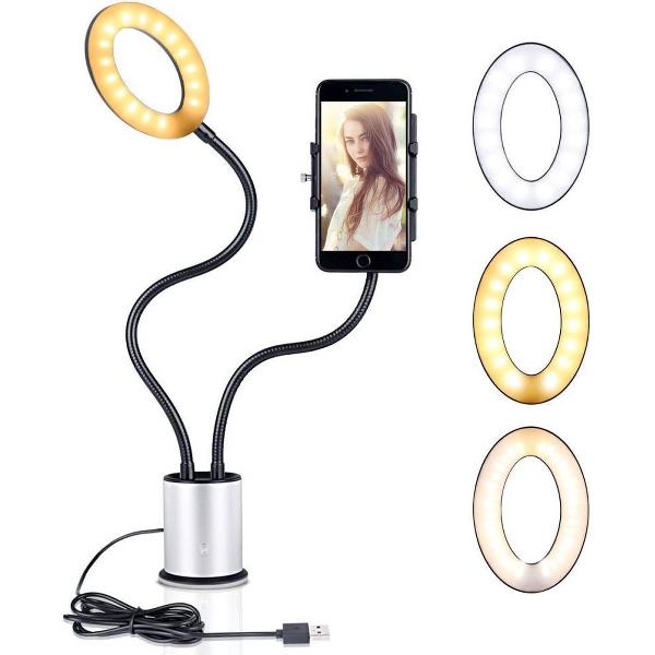 GadgetBay Selfie licht smartphone houder dimbaar 3 kleuren licht - Zilver Zwart