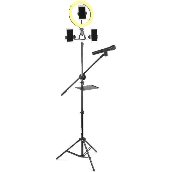 Ringlamp met verstelbaar statief - Vonyx RL25 Tiktok lamp met 3 lichtstanden, 10 helderheidsniveaus, microfoon arm en 3 telefoonhouders - 180cm statief - Voor Tiktok, vlogs, YouTube, etc.