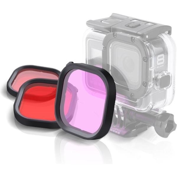 Roze paars rood 3 kleuren vierkante behuizing duiken lens filterkits voor GoPro HERO8 zwarte originele waterdichte behuizing