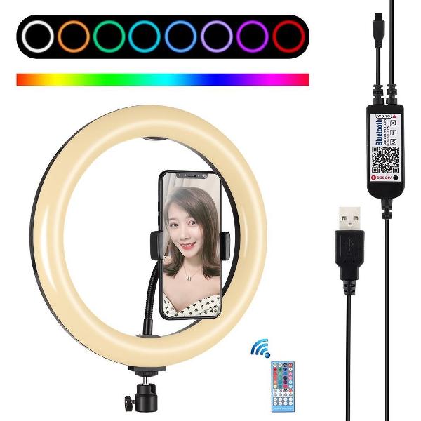 PULUZ 10,2 inch 26 cm gebogen oppervlak USB RGBW Dimbare LED-ring Vlogging Fotografie Videolichten met koude schoen Statief Balhoofd & afstandsbediening & telefoonklem (zwart)