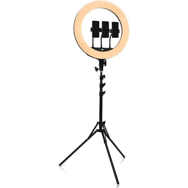 Ringlamp met Statief voor 3 Smartphones - Draaibare Ringlight met Statief 18 inch / 46 cm - Dimbare Ringlamp - In Hoogte Verstelbare Ring Lamp tot 200 cm