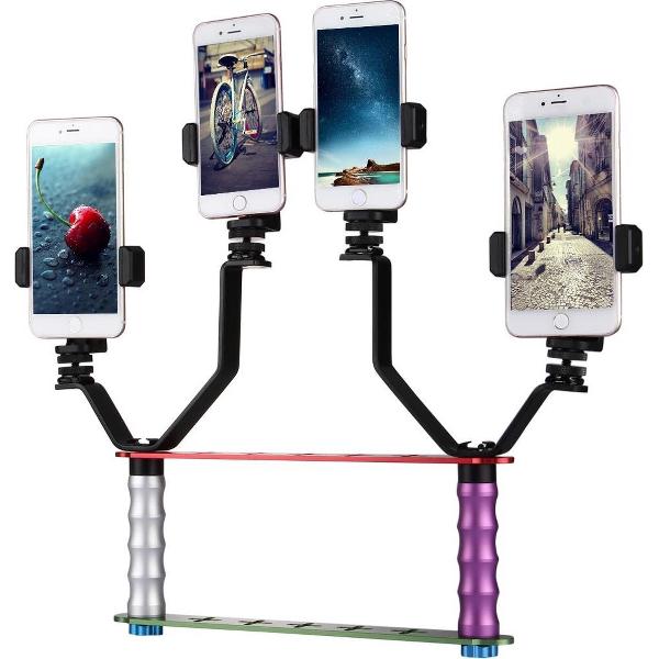 Smartphone Live Broadcast Bracket Dual Hand-held Selfie Mount Kits met 2x V-beugel + 3x Telefoonclips, voor iPhone, Galaxy, Huawei, Xiaomi, HTC, Sony, Google en andere smartphones
