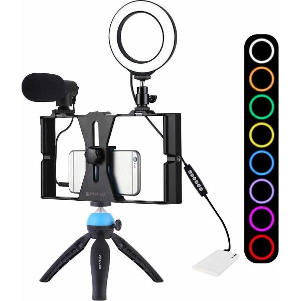 PULUZ 4 in 1 Vloggen Live-uitzending Smartphone Video Rig + 4.7 inch 12cm RGBW Ring LED Selfie Light + Microfoon + Pocket Statiefmontagekits met Cold Shoe Statiefkop (Blauw)