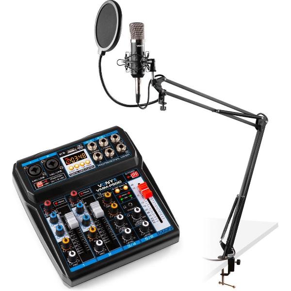 Podcast starterset - Vonyx podcast starterset met CMS400 studiomicrofoon met verstelbare microfoonarm en VMM-P500 USB mixer met Bluetooth - Complete set, plug-and-play!