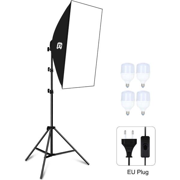 PULUZ 50x70cm Studio Softbox + 1.6m Statiefbevestiging + 4 x E27 30W 5700K Wit Licht LED Gloeilamp Fotografie Verlichtingsset (EU-stekker)