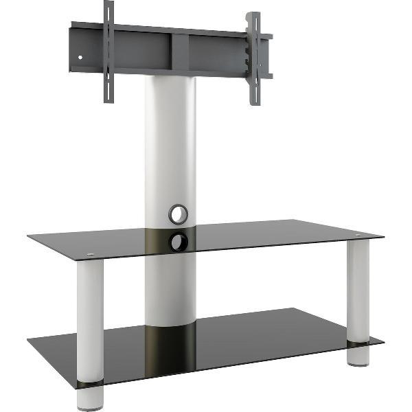 Valeni Maxi TV-meubels met 2 glazen legplanken, Zilverkleurig, zwart glas.
