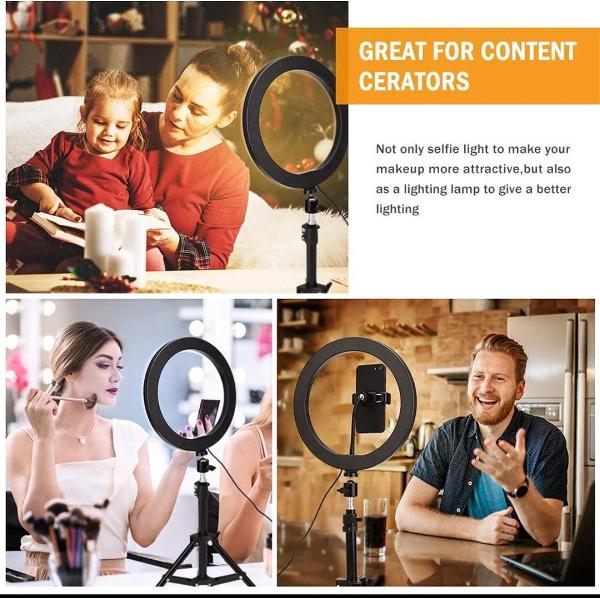 Ringlamp met StatiefRinglamp | Ronde lamp | Led Pro Ringlamp met statief (verstelbaar) Ring Flitser incl telefoonhouder - 26 cm/10 inch -186 cm hoog | USB | Flitser | Ring lamp | Tik Tok | Make-up light | Studiolamp