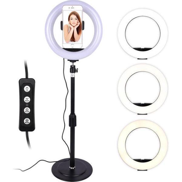 Ring Led Lamp Met Statief Incl. Telefoonhouder - Drie Kleurmodes - Voor Beginners en Professionals - Verlengbaar van18cm tot 28cm - Tiktok Selfie Lamp - Make-Up Lamp - Verstelbare Sterkte -